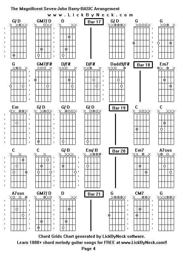 Chord Grids Chart of chord melody fingerstyle guitar song-The Magnificent Seven-John Barry-BASIC Arrangement,generated by LickByNeck software.